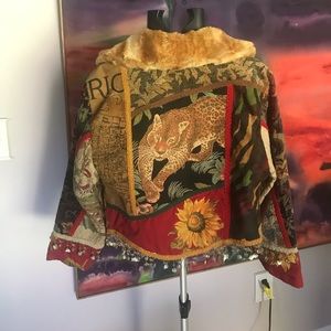 Vintage Paco Soler cropped suede cotton tapestry jacket Africa leopard Sunflower
